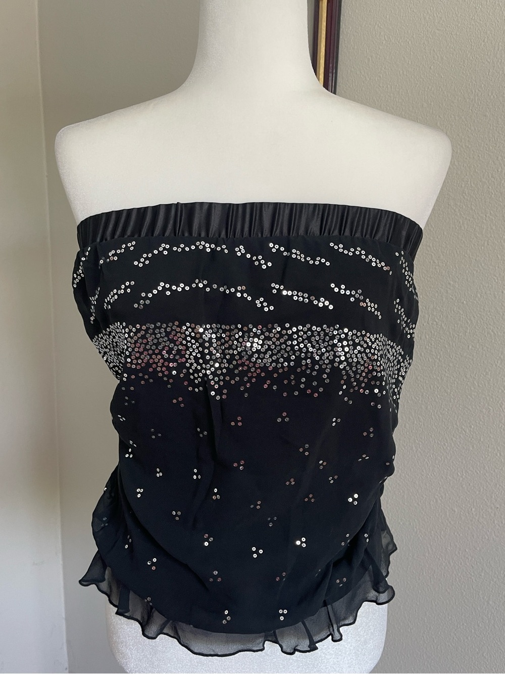 Vintage Express Silk Strapless Black Sequin Chiffon Top